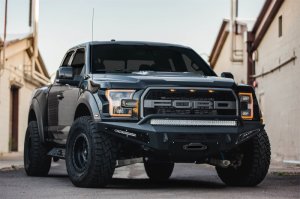 Ford F-150 Raptor Front Bumper - Addictive Desert Designs - HoneyBadger with Winch Mount - Hammer Black with Satin Black Panels - `17-`18